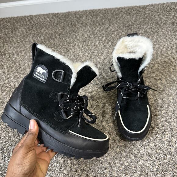 Sorel Tivoli V Waterproof Faux Fur Lined Winter Boots Womens 8 Black Lace Up - Picture 1 of 6
